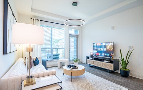 an apartment living room with a couch and a tv